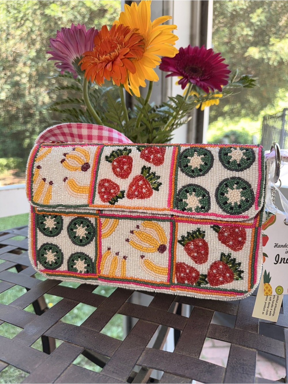 Beaded Farmers Market Viral TJ Maxx Bag New With Tags Pink Gingham Strap+charm